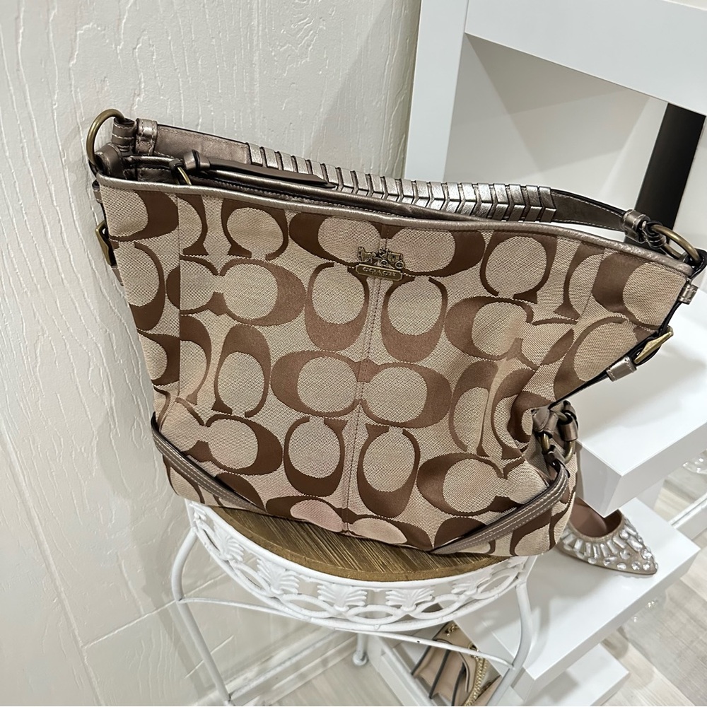 Coach Tan and Brown Signature Shoulder Bag